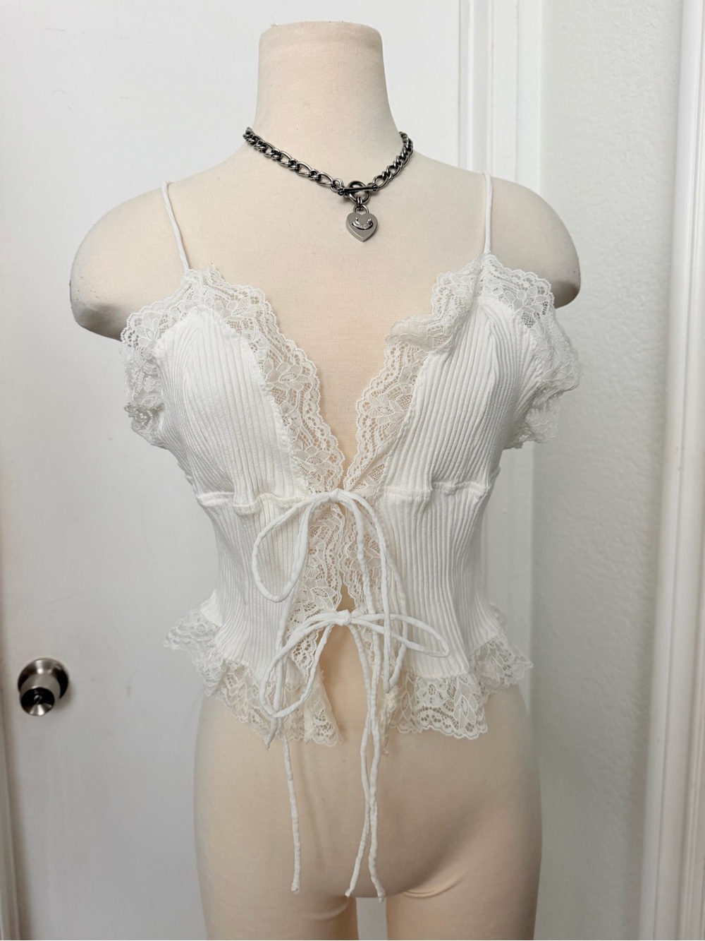 Zara Cream Lace-Trim Ribbed Tie Cami